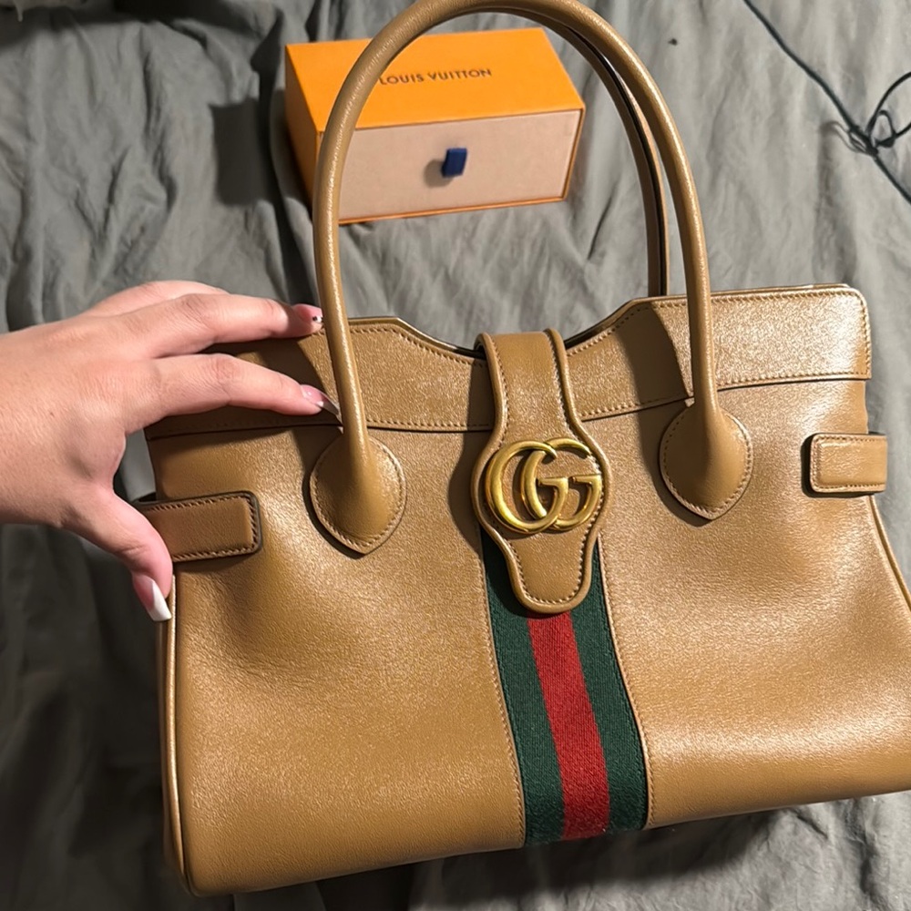 Gucci Tan Satchel with Gold Double G Logo and Stripe Detail